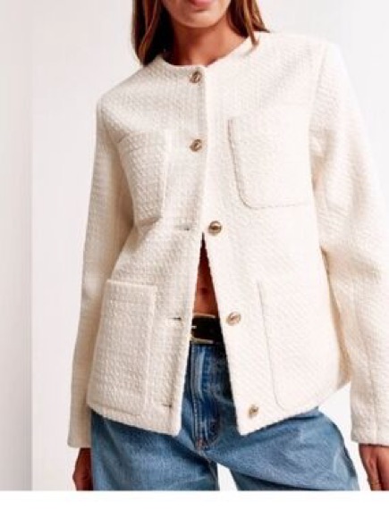 Abercrombie & Fitch Cream Collarless Tweed Jacket 4 Pockets Gold Buttons Size S